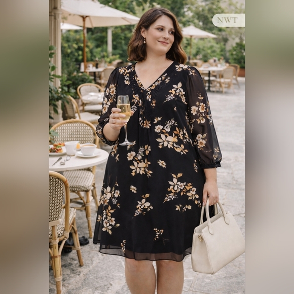 NEW Calvin Klein 24W Black Floral Sheer Sleeve Pintuck Shift Dress - Picture 6 of 7